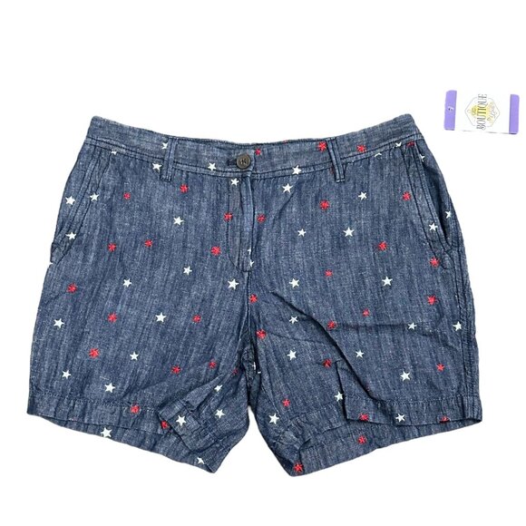 Talbots Womens 8P Relaxed Chino Shorts Blue Denim Red White Stars Patriotic USA - Picture 1 of 13